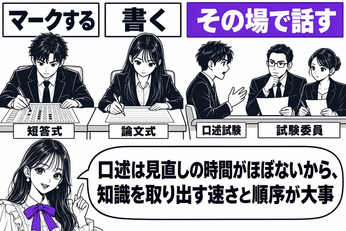 短答式はマーク、論文式は書く、口述はその場で話す