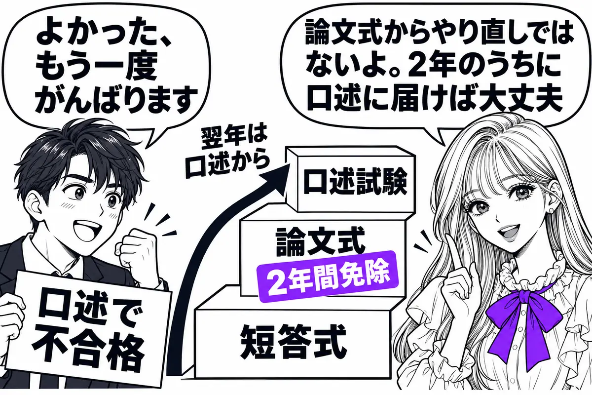 論文式の必須科目は合格発表から2年間免除されるので、口述で不合格でも翌年は口述から受け直せる
