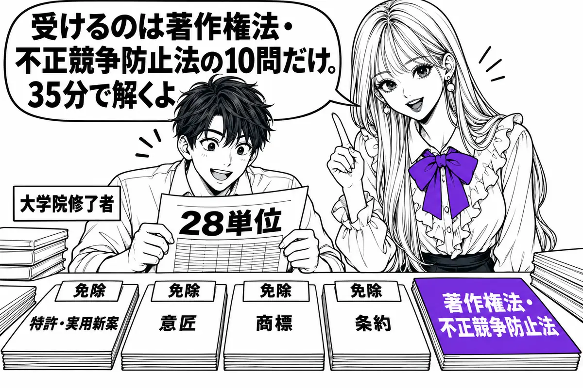 大学院で工業所有権の科目を28単位修得した人は、短答式のうち著作権法・不正競争防止法だけを受ける