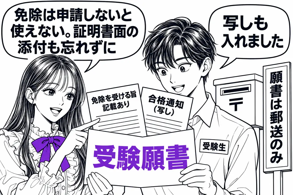 免除は自動では付かないので、受験願書に免除の旨を書き、証明書面を添えて郵送で申請する
