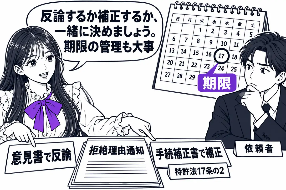 拒絶理由通知が届いたら、意見書で反論するか手続補正書で補正するかを依頼者と相談し、期限を管理する