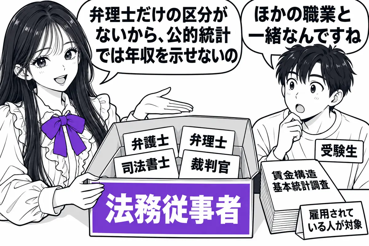 賃金構造基本統計調査では弁理士は「法務従事者」に含まれ、経営者も対象外なので年収は公的統計で示せない