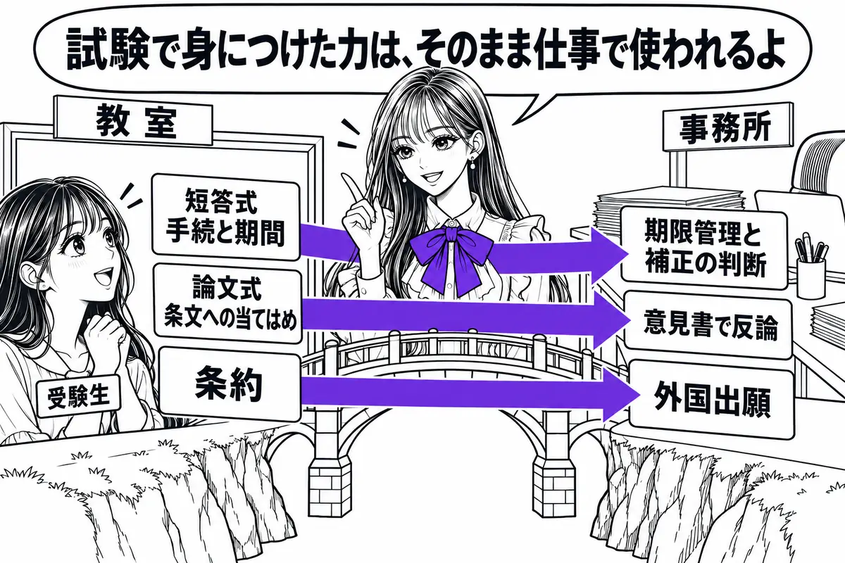 短答式の手続と期間、論文式の当てはめ、条約の知識は、そのまま実務の期限管理・意見書・外国出願で使われる