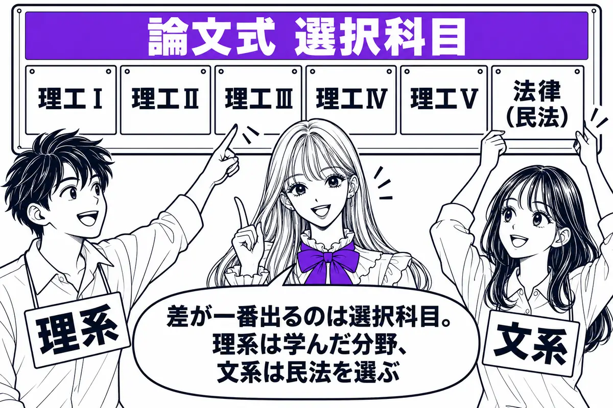理系・文系の差が最もはっきり出るのは論文式の選択科目で、理系は学んだ分野を、文系は実質的に民法を選ぶ