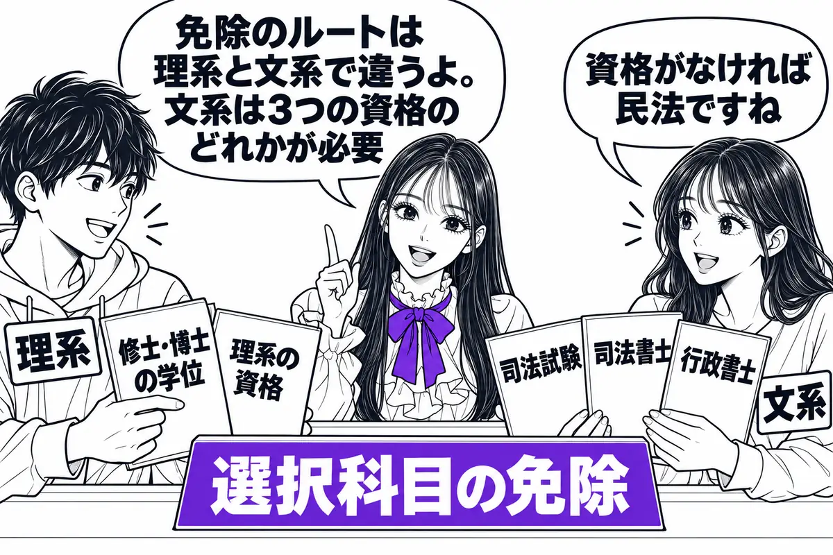 選択科目の免除は、理系は修士・博士の学位や技術系の資格、文系は司法試験・司法書士・行政書士で受けられる
