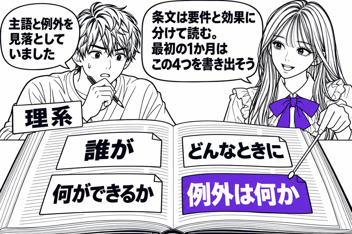 理系の人は、条文を「誰が」「どんなときに」「何ができるか」「例外」に分けて読む練習から始める