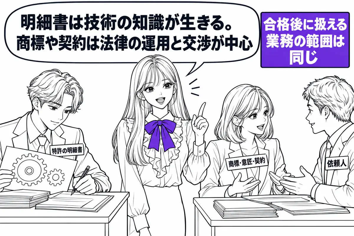 特許の明細書作成では技術の知識が生き、商標・意匠や契約の業務では法律の運用や交渉の力が中心になる
