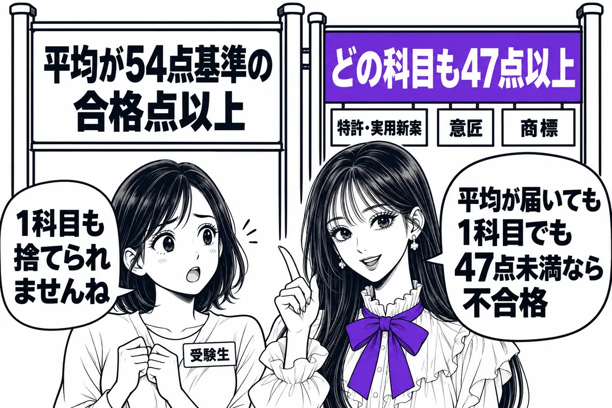 必須科目は平均が合格点以上で、かつ47点未満の科目が1つもないことが条件