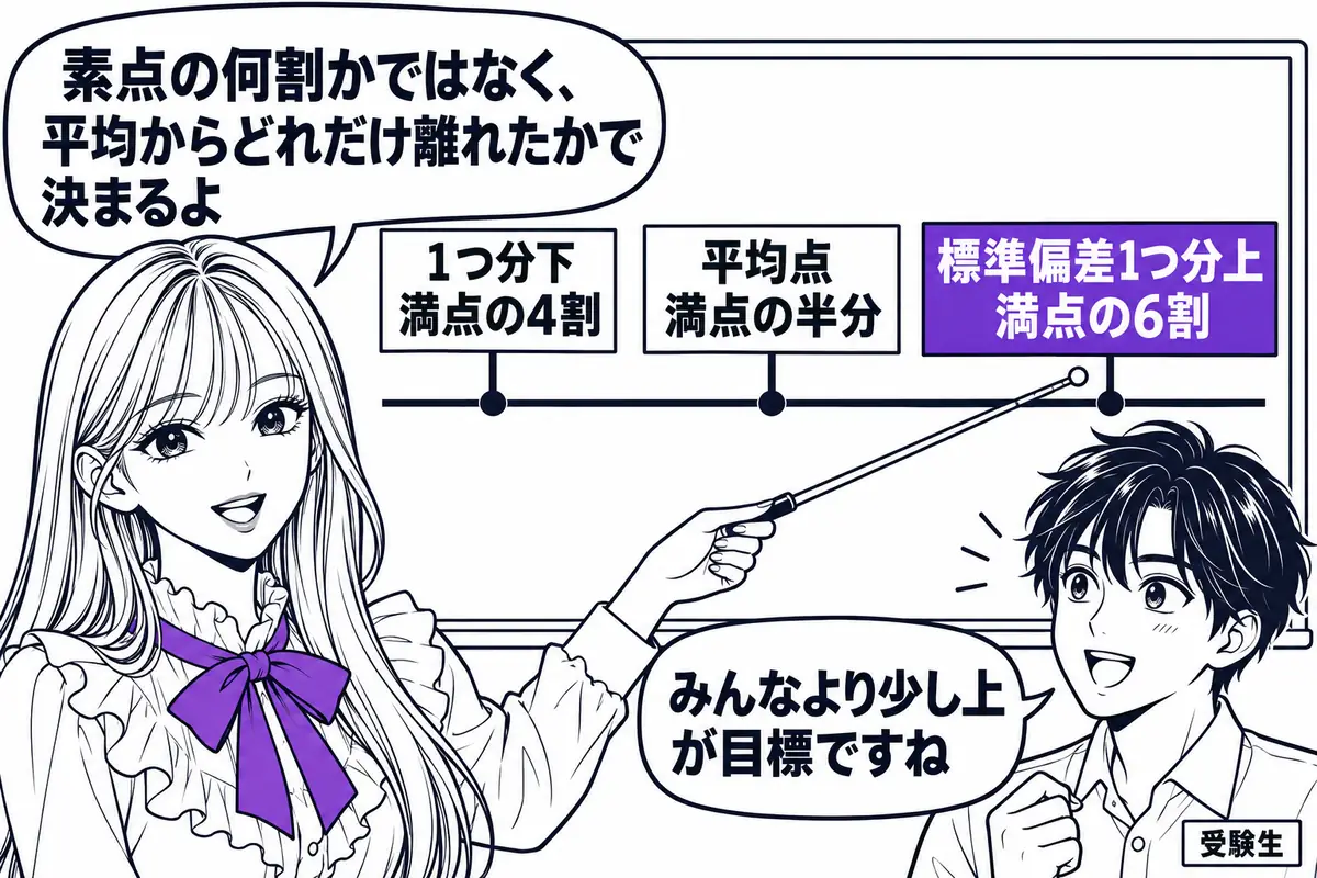 論文式の得点は採点委員の平均点との差で決まり、平均点の答案は満点の半分に換算される