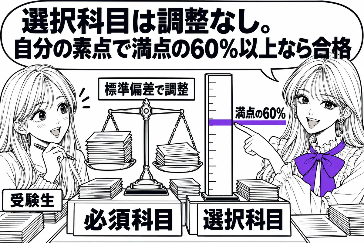 選択科目は標準偏差による調整がなく、素点で満点の60%以上なら合格