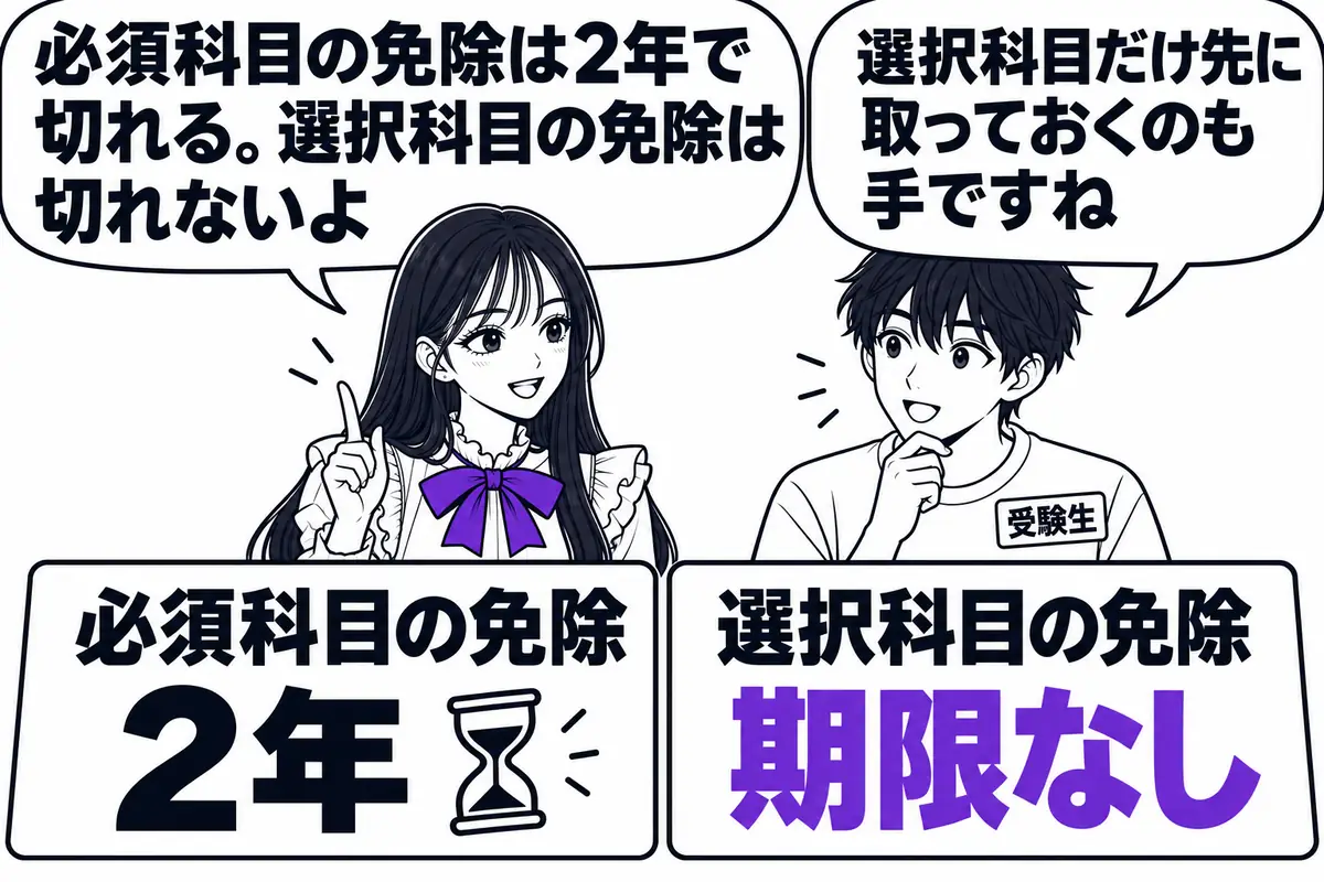 必須科目の合格による免除は2年で切れ、選択科目の合格による免除には期限がない