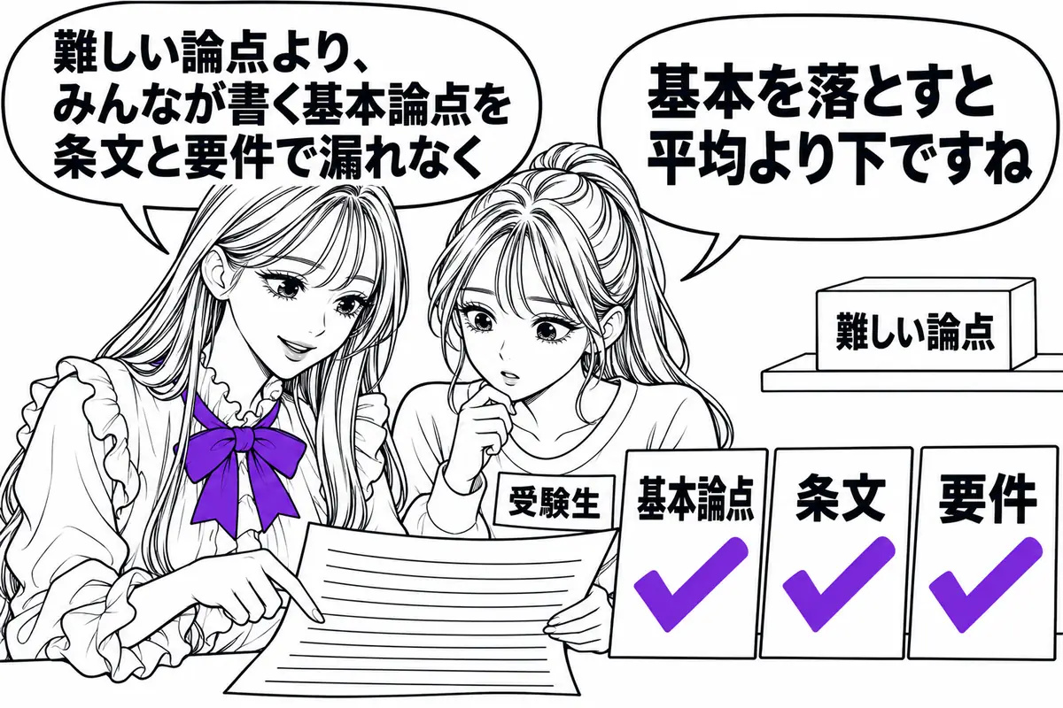 多くの受験者が書く基本論点を、条文と要件を示して漏れなく書くことが平均より上に立つ近道
