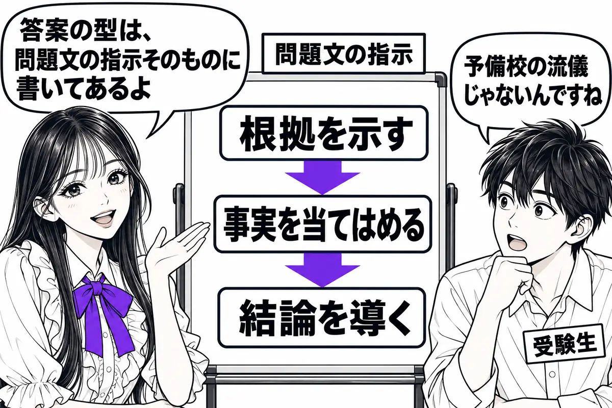 問題文の指示は、根拠条文を示し、事実を当てはめて結論を導く答案の形をそのまま求めている