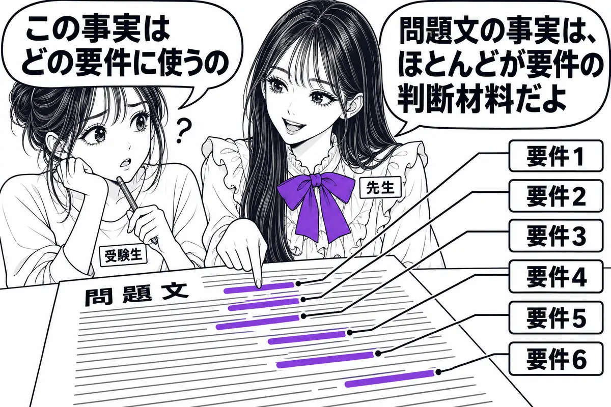 当てはめは要件ごとに問題文の事実を拾い、問題文の言葉をそのまま使って書く