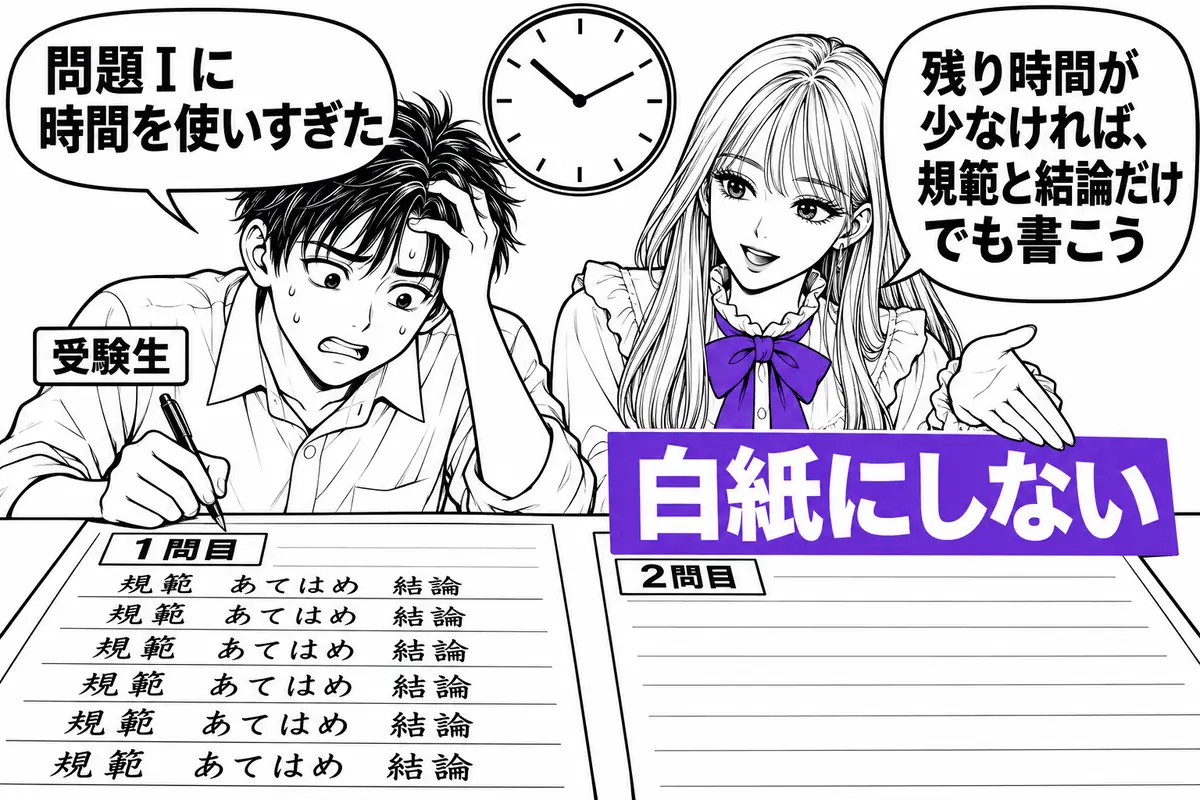 時間が足りなくなったら趣旨や細かい当てはめを削り、規範と結論だけでも書いて問題Ⅱを白紙にしない
