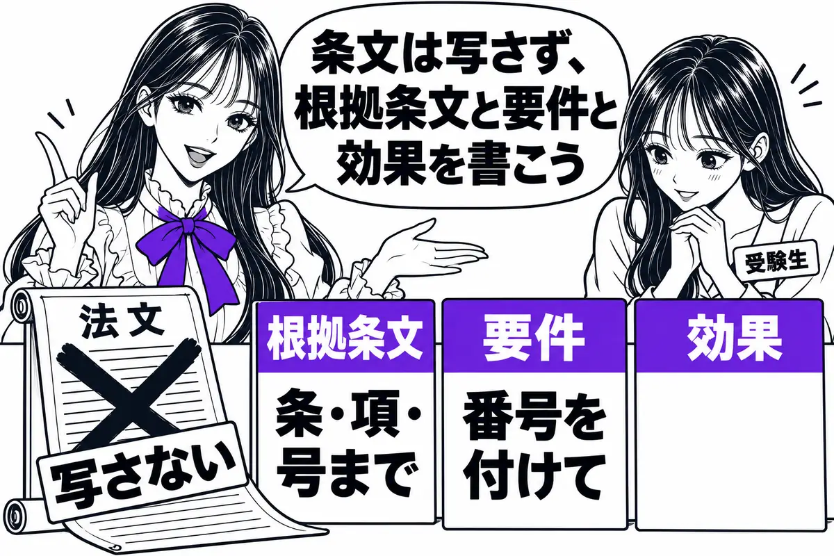 答案には条文を長く写さず、根拠条文・要件・効果の3つを短く書く