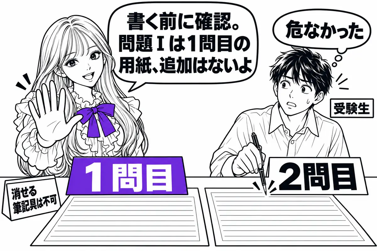 特許・実用新案は問題Ⅰを「1問目」、問題Ⅱを「2問目」の答案用紙に書き、用紙の追加はない