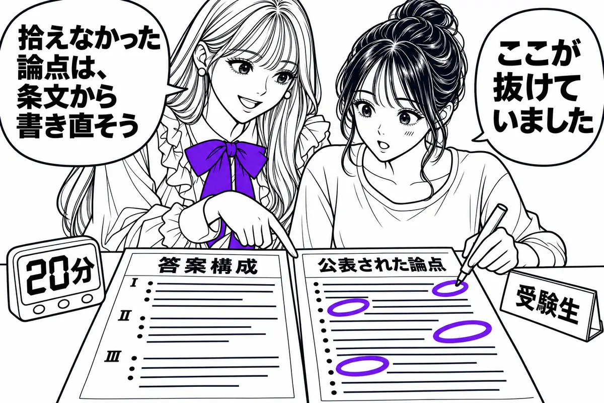過去問の答案構成を時間を計って作り、公表された論点と照合して拾えなかった論点に印を付ける