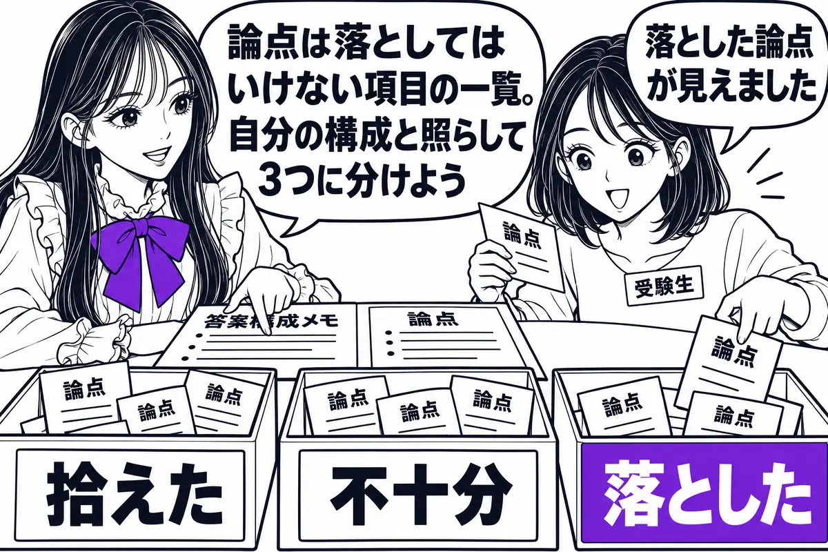 公表された論点と自分の答案構成を突き合わせ、拾えた・不十分・落としたの3つに分ける