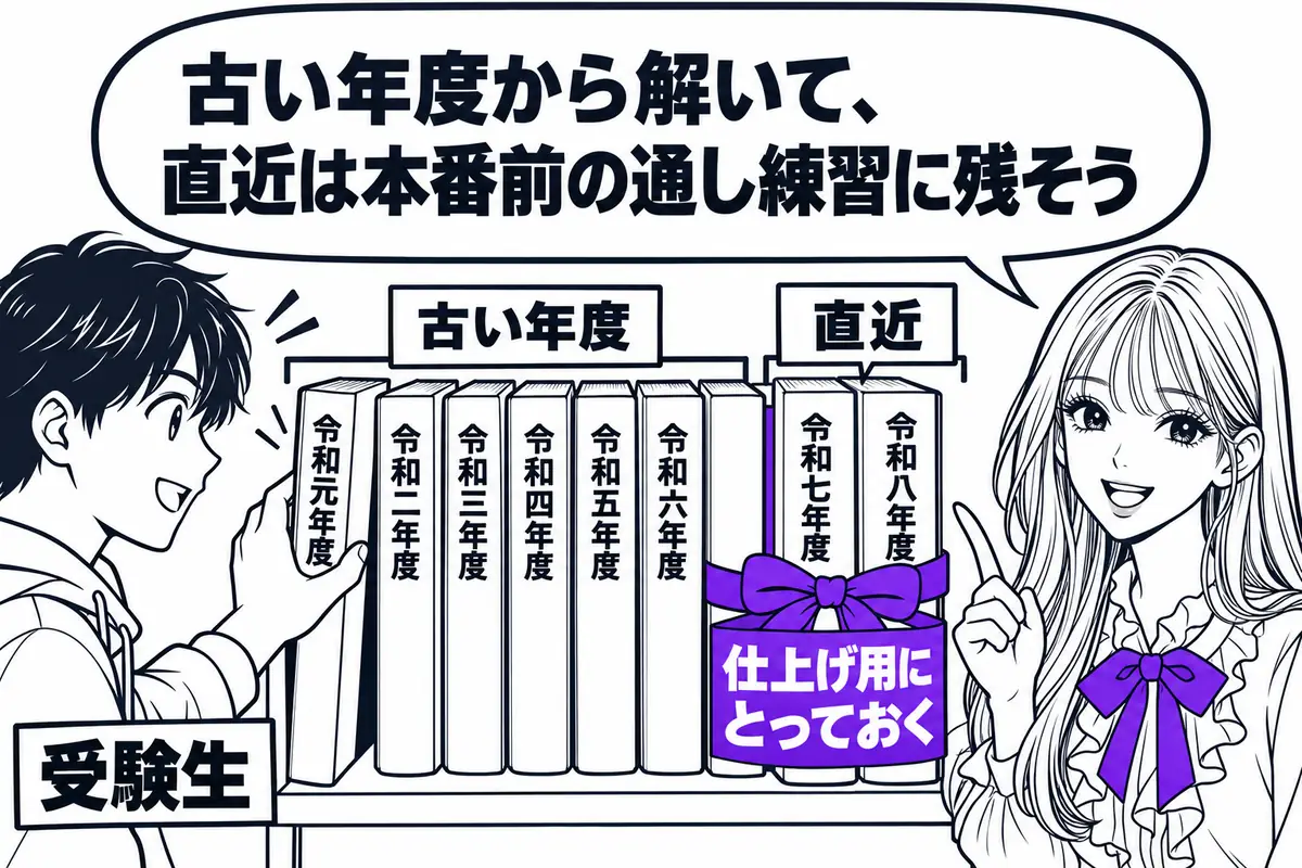 論文式の過去問は古い年度から新しい年度へ解き、直近の年度は仕上げの通し練習に残しておく