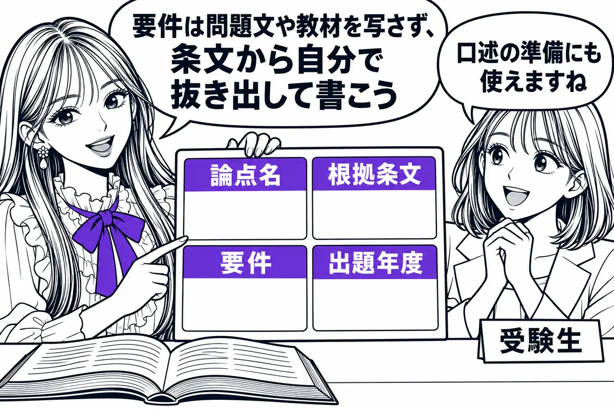 照合で見つけた論点は、論点名・根拠条文・要件・出題年度を1枚にまとめたカードに自分の言葉で残す