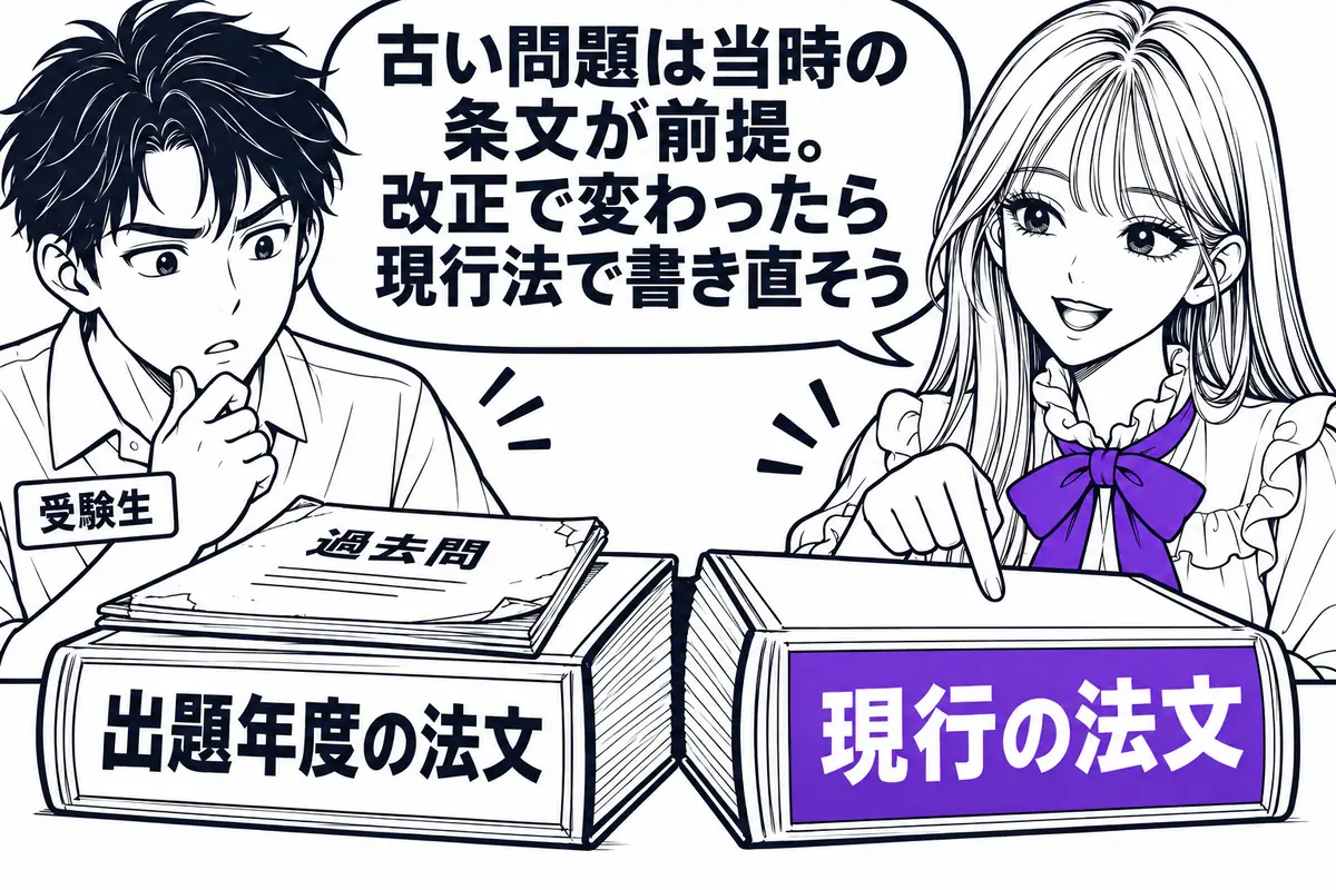 古い年度の過去問はその年の試験日に施行されていた条文が前提なので、改正で変わった点は現行法で書き直す