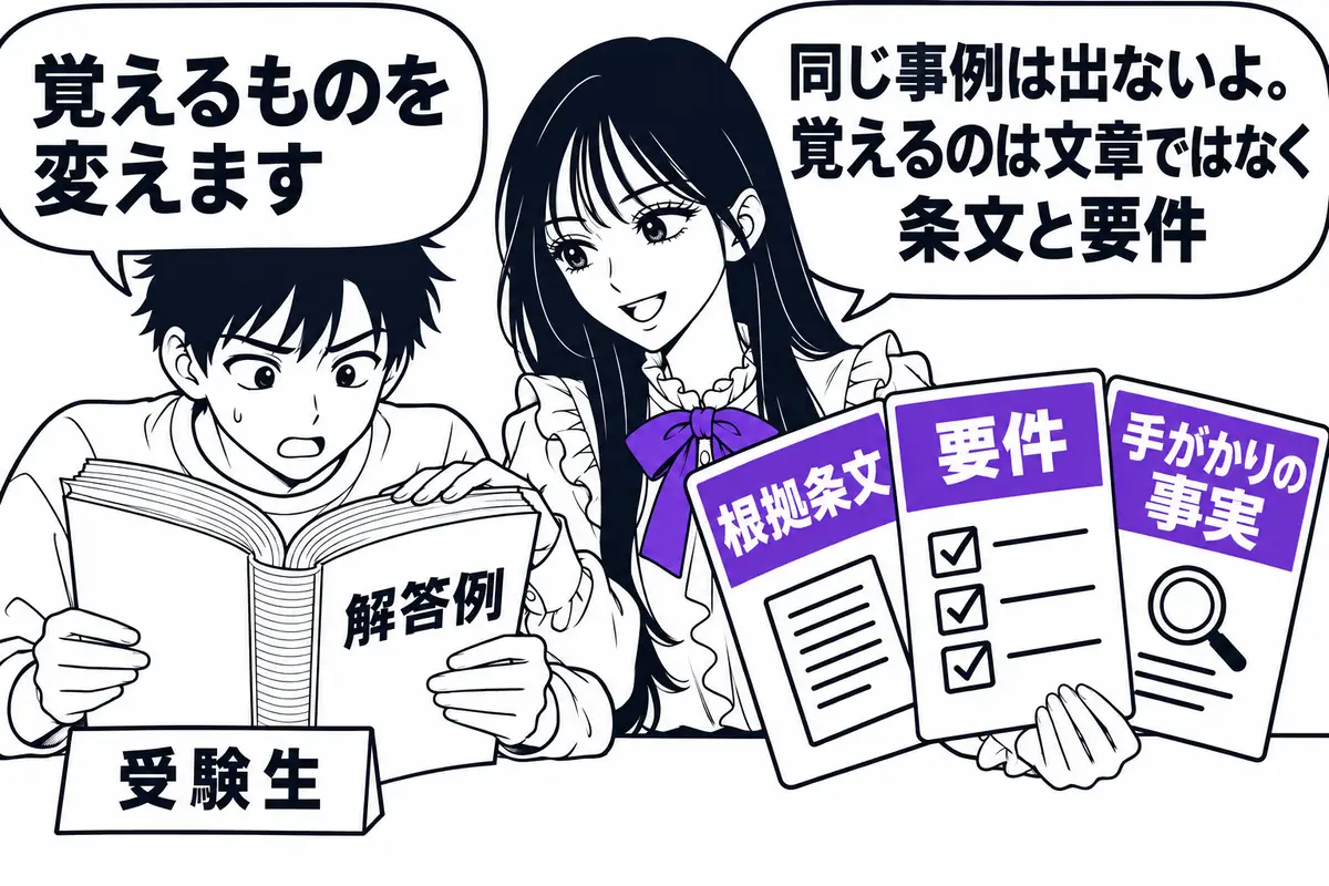 本試験で同じ事例は出ないので、解答例の文章ではなく根拠条文と要件、論点の手がかりになる事実を覚える