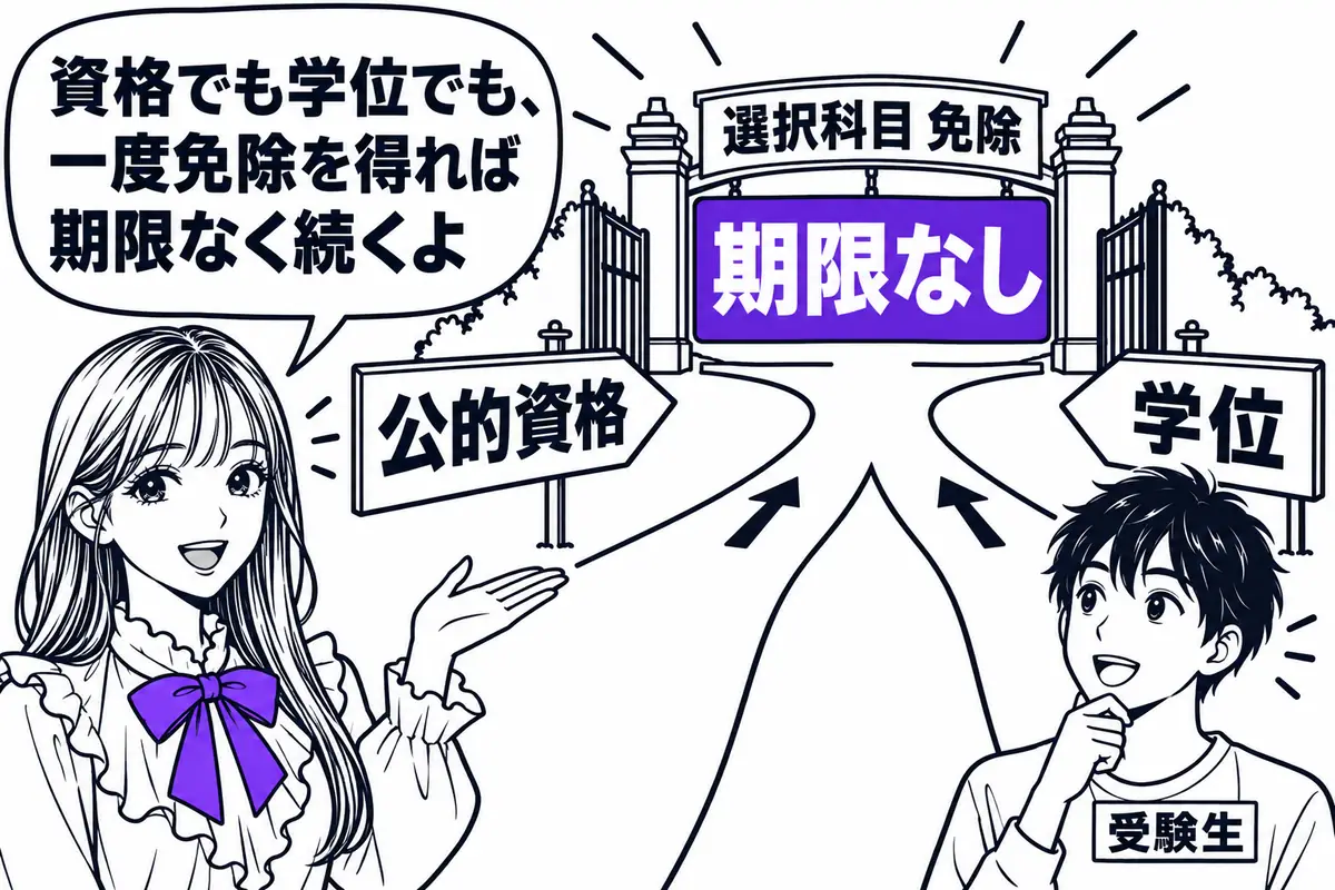 選択科目の免除には公的資格と学位の2つのルートがあり、どちらも一度得れば期限なく続く