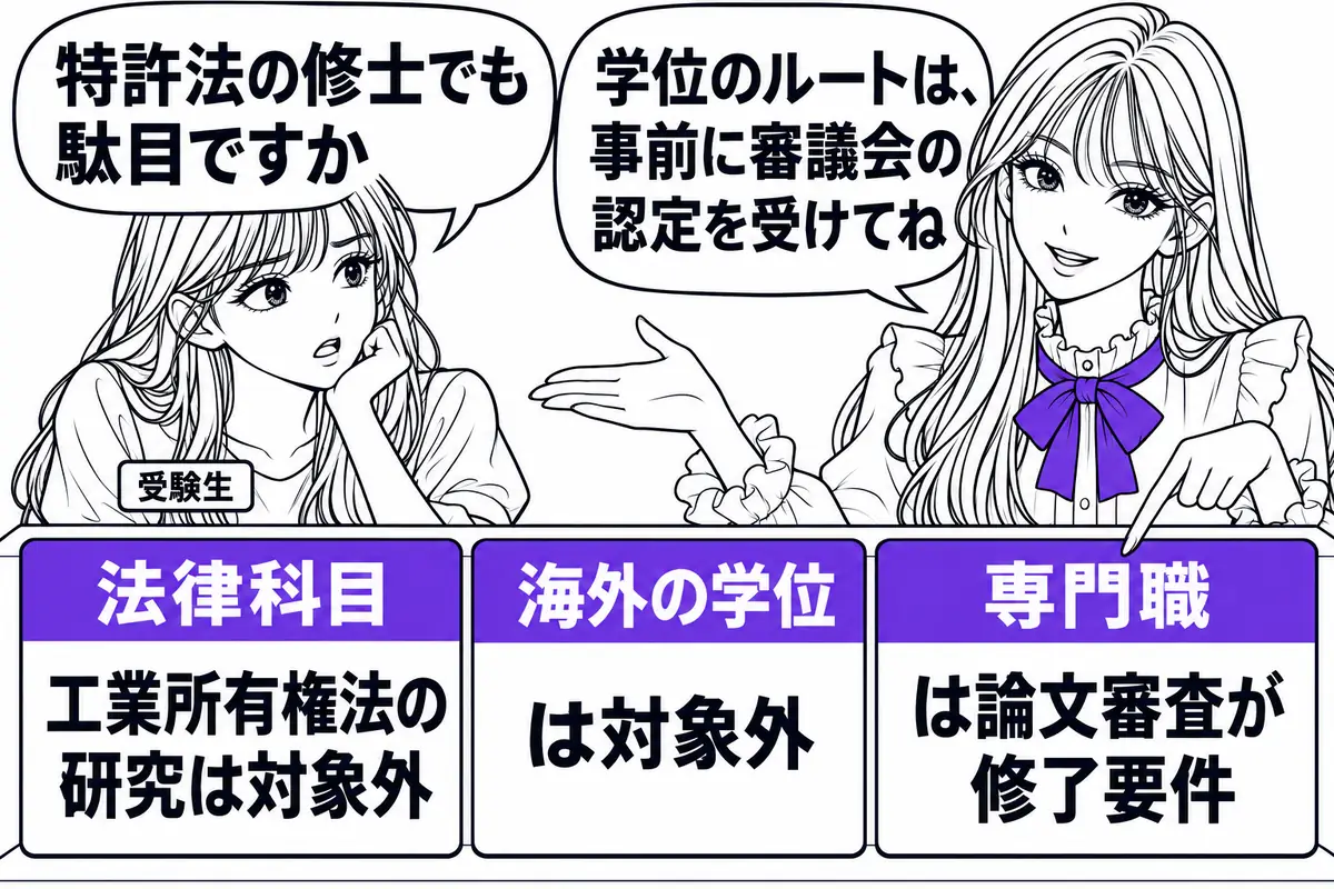 学位による免除では、法律の科目に工業所有権法の研究は使えず、海外の大学院の学位や論文審査が修了要件でない専門職学位も対象外