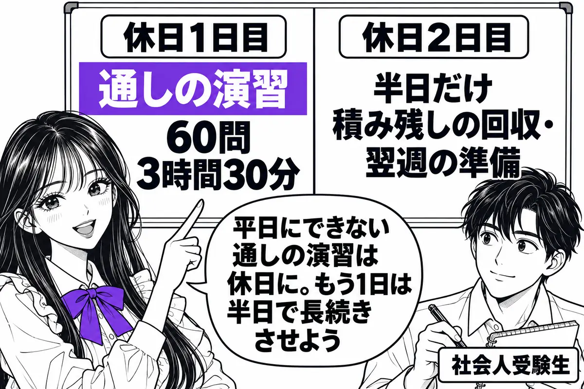 休日は平日にできない通しの演習と積み残しの回収に使い、1日はしっかり、もう1日は半日にとどめる