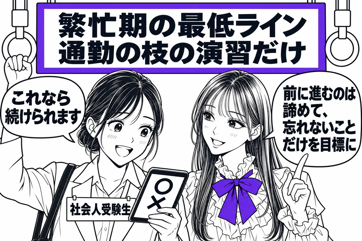 繁忙期は新しい単元を進めず、通勤時間の過去問の枝の演習だけを続けて学習を途切れさせない