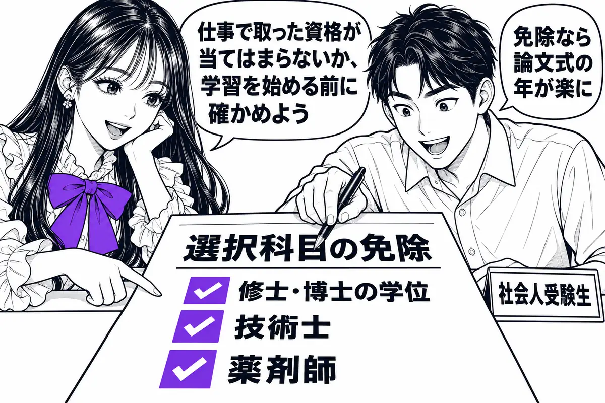修士・博士の学位や一部の資格で選択科目が免除されることがあるので、学習を始める前に確認する