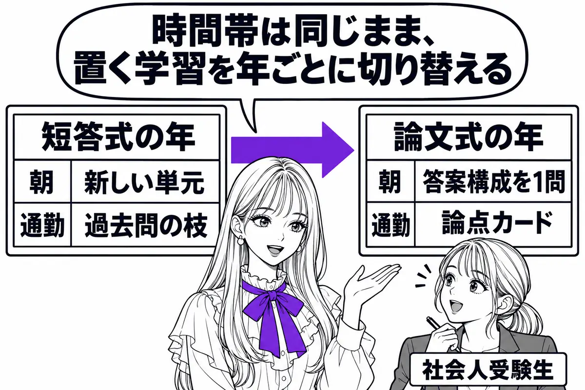 段階型の計画では時間帯の使い方は同じまま、短答式の年と論文式の年で平日に置く学習を切り替える