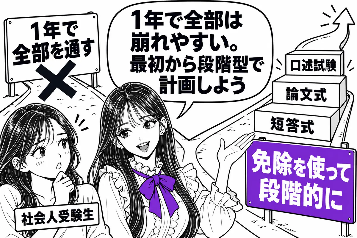 1年で全部を通す計画は崩れやすいので、最初から免除を使った段階型で計画する