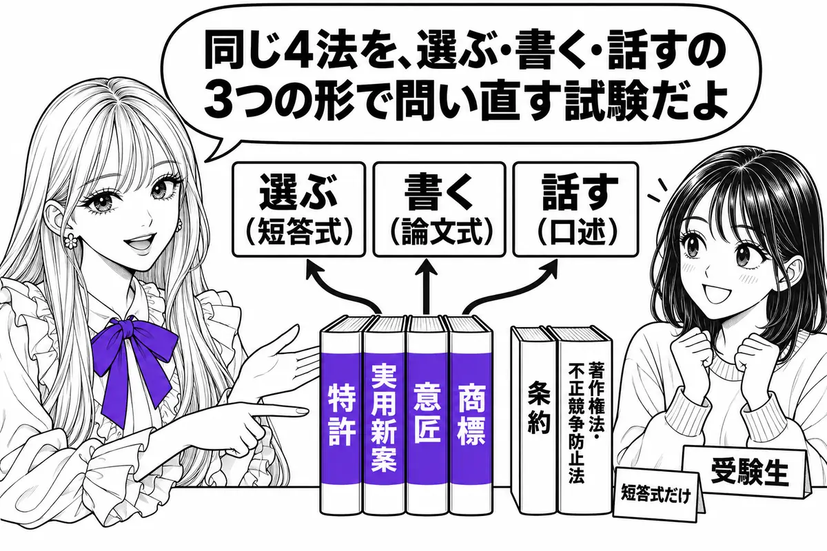 3段階を通じて問われるのは特許・実用新案・意匠・商標の4法で、条約と著作権法・不正競争防止法は短答式だけ