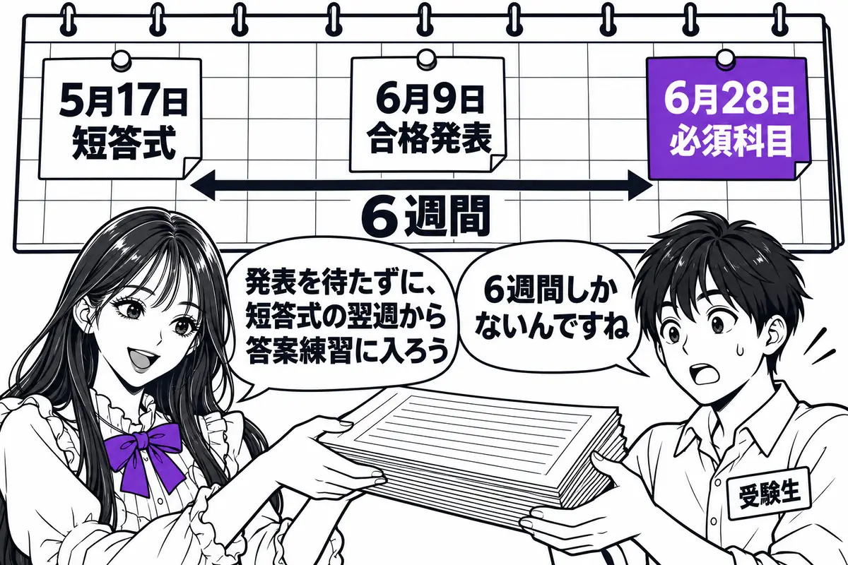 短答式から論文式（必須科目）までは6週間ほどしかないので、短答式の翌週から答案練習に入る