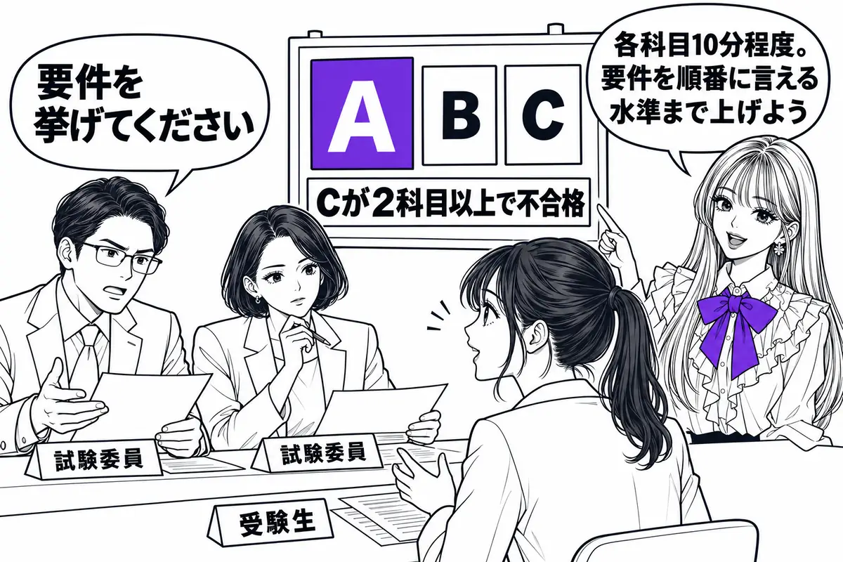 口述試験は3科目各10分程度でA・B・Cの3段階で採点され、C評価が2科目以上あると不合格