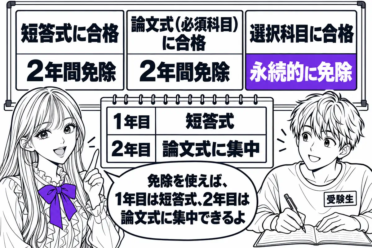 短答式と論文式（必須科目）の合格は2年間、選択科目の合格は永続的に免除される