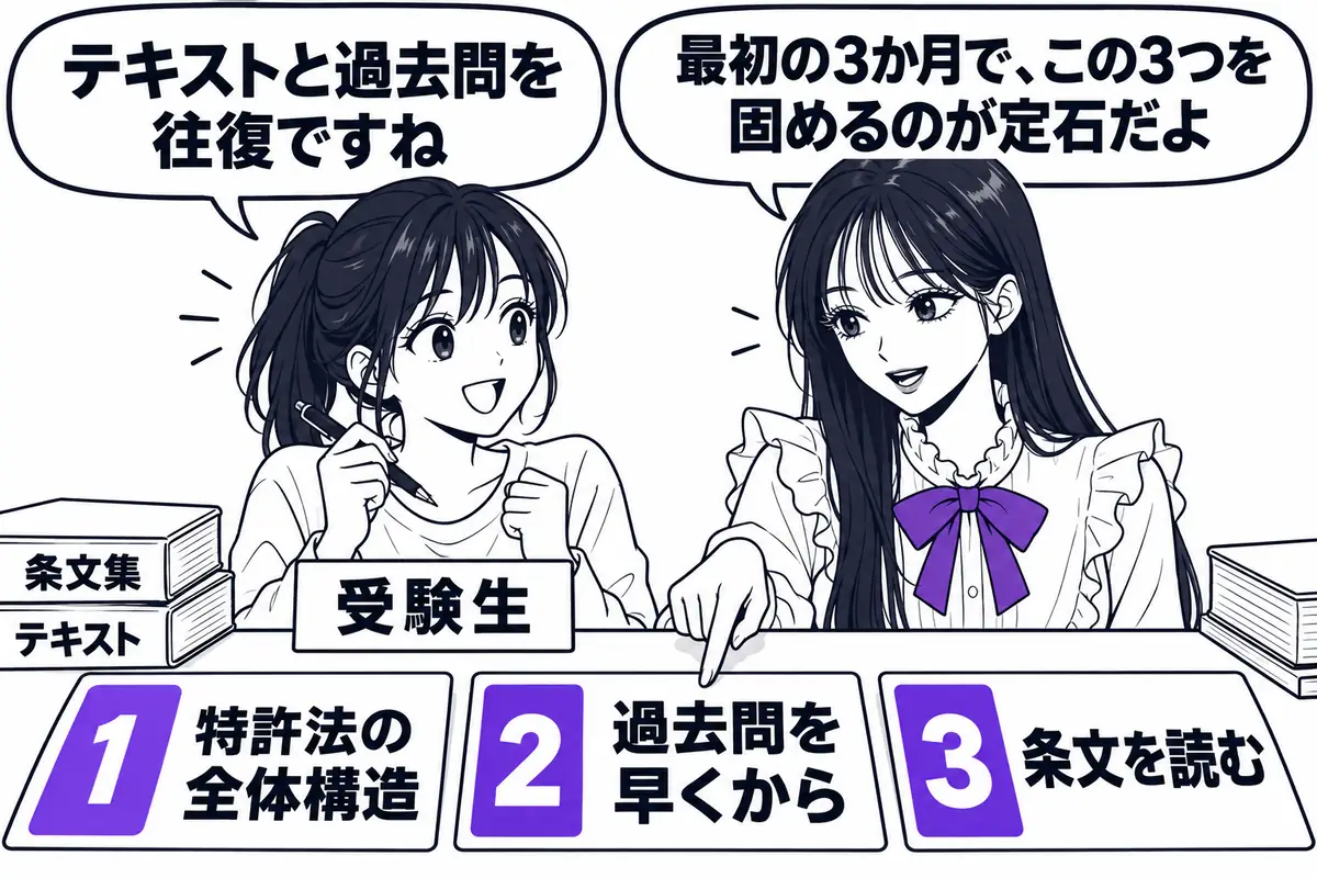 初学者は最初の3か月で特許法の全体構造、早めの過去問、条文を読む習慣の3つを固める