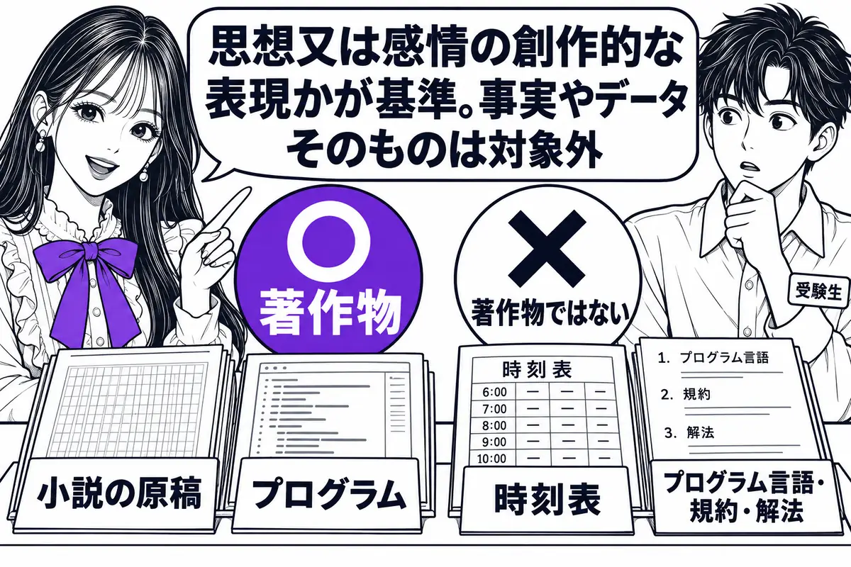 事実やデータそのものは著作物ではなく、プログラムは著作物でもプログラム言語・規約・解法は保護されない