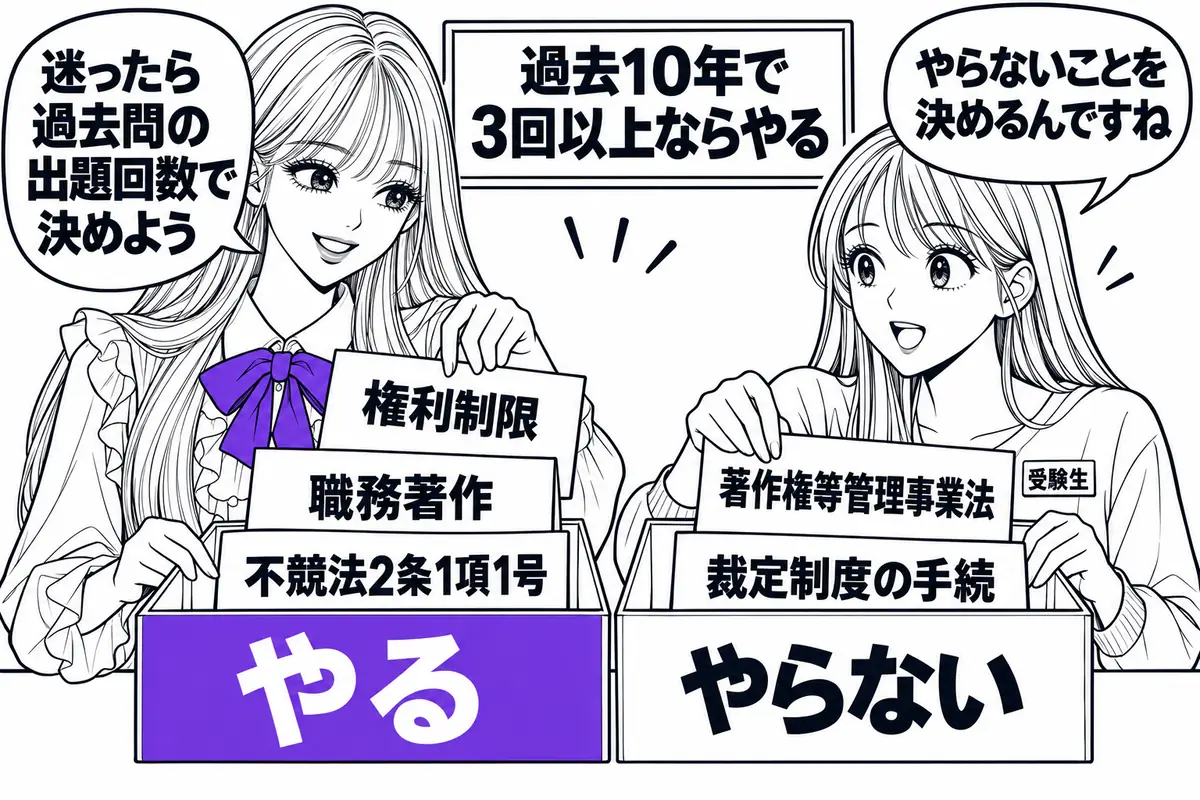 過去10年で3回以上出た論点はやり、1回出るかどうかの論点はやらないと決める