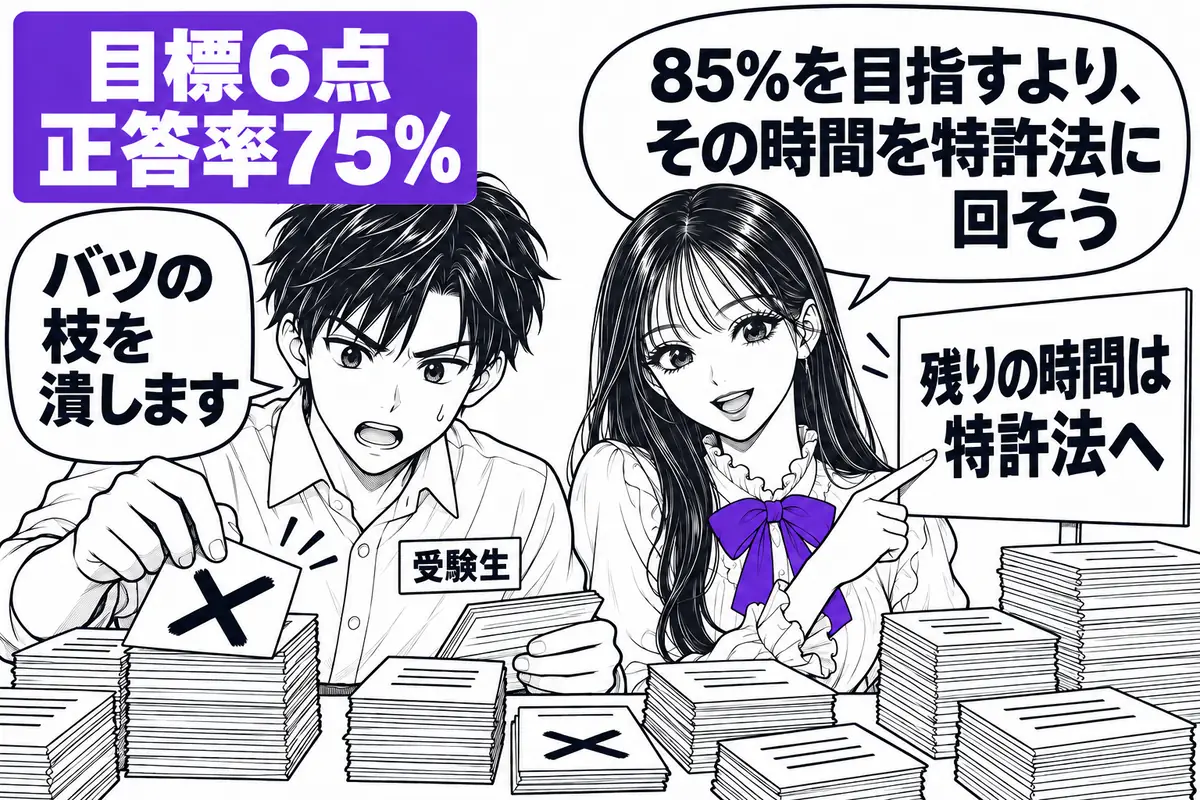 10問中6点なら正答率75%で足り、それ以上の時間は特許法に回す方が総合点は上がる