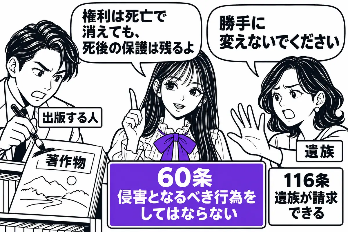 著作者人格権は著作者の死亡で消滅するが、死後も侵害となるべき行為は禁止され、遺族が差止めなどを請求できる