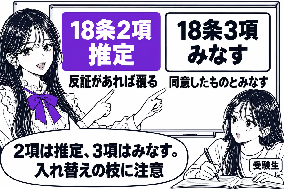 18条2項は同意したものと推定する規定で反証があれば覆るが、3項は同意したものとみなす規定