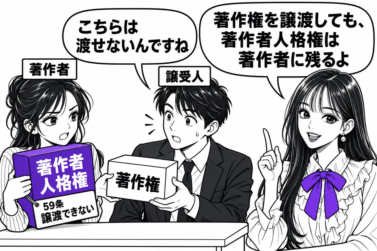 著作権を譲渡しても、一身に専属する著作者人格権は譲渡できず、著作者に残る