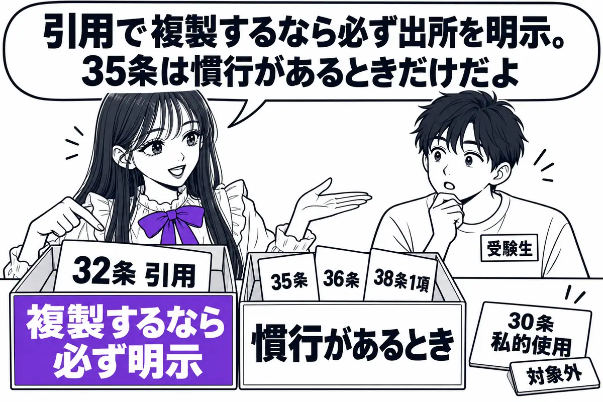 引用は複製すれば常に出所の明示が必要で、35条・36条・38条1項は明示の慣行があるときだけ必要