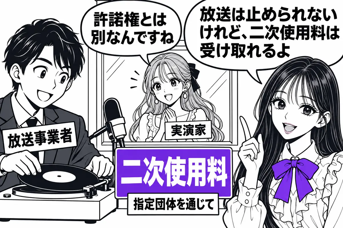 商業用レコードが放送で使われたとき、実演家は放送を止められないが二次使用料を受けられる
