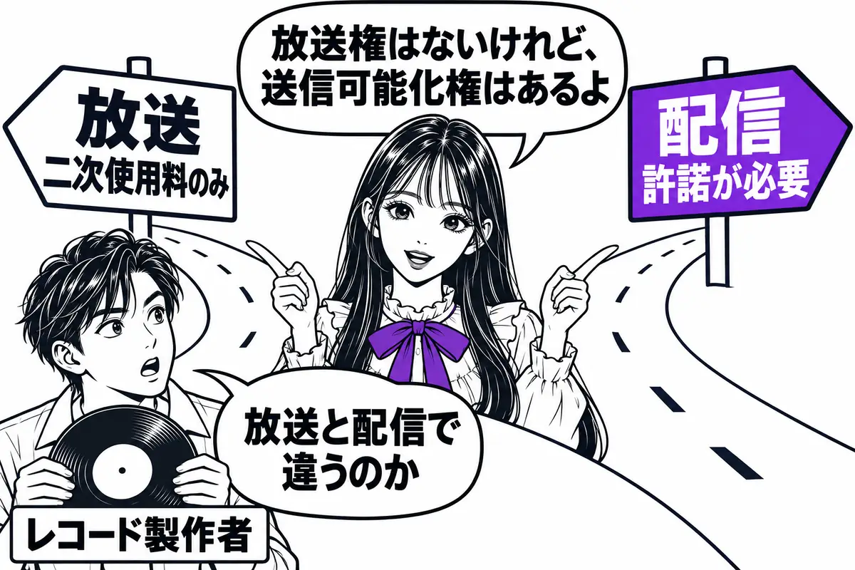 レコード製作者には放送権がなく二次使用料を受けるだけだが、配信には送信可能化権の許諾が要る