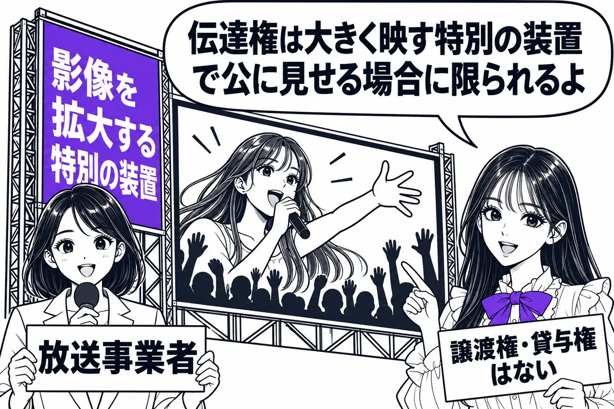 放送事業者の伝達権は影像を拡大する特別の装置による公の伝達に限られ、譲渡権・貸与権はない