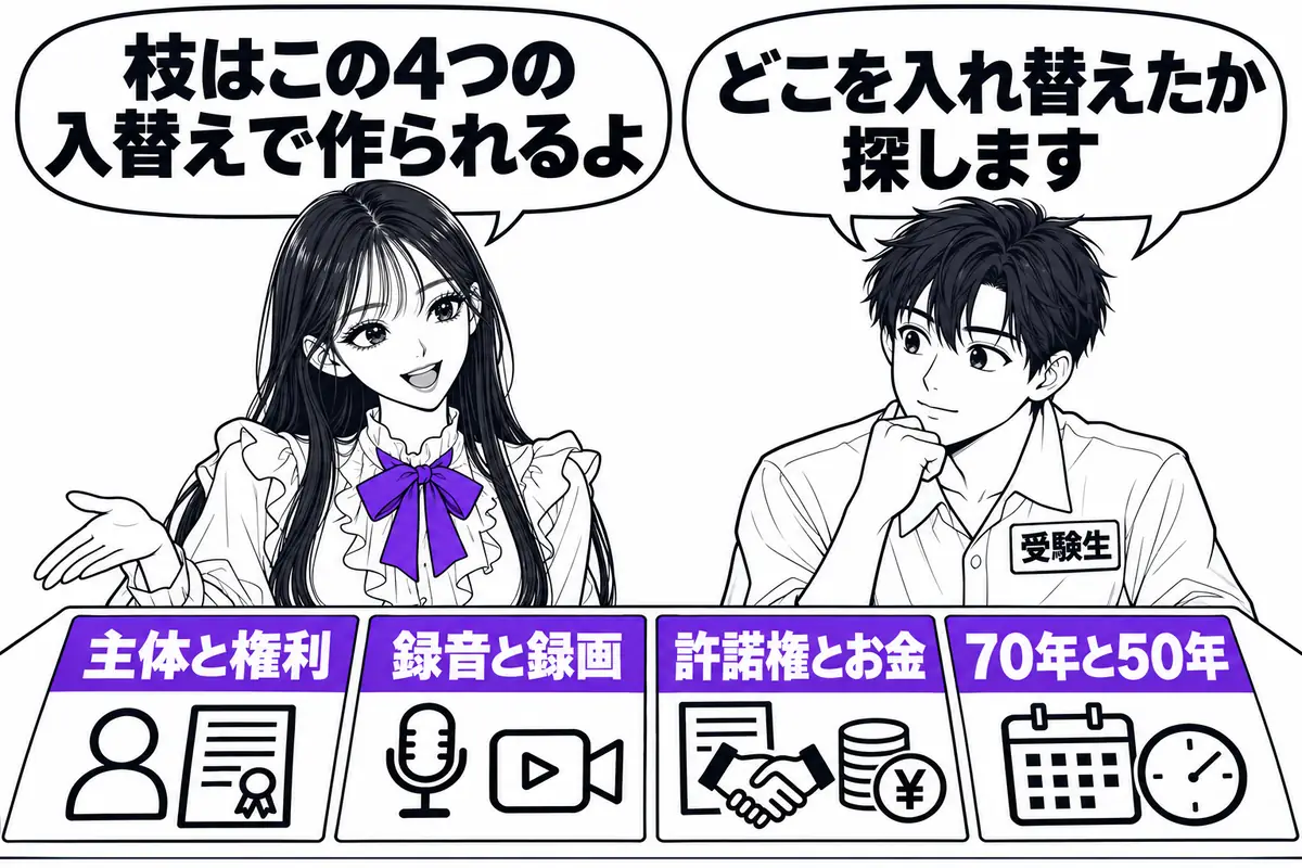 著作隣接権の枝は主体と権利、録音と録画、許諾権とお金を受ける権利、70年と50年の入替えで作られる